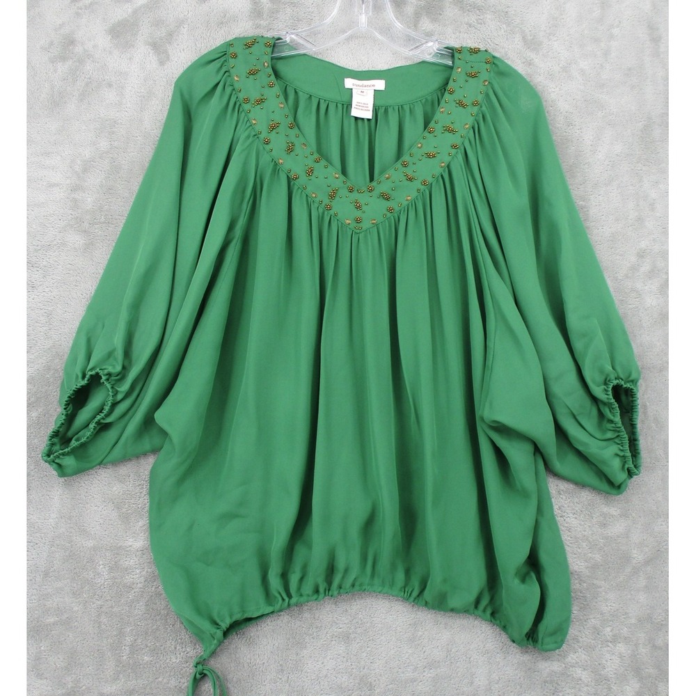 Sundance Blouse Womens Medium Silk Beaded Tunic Peasant Drawstring Relaxed Green